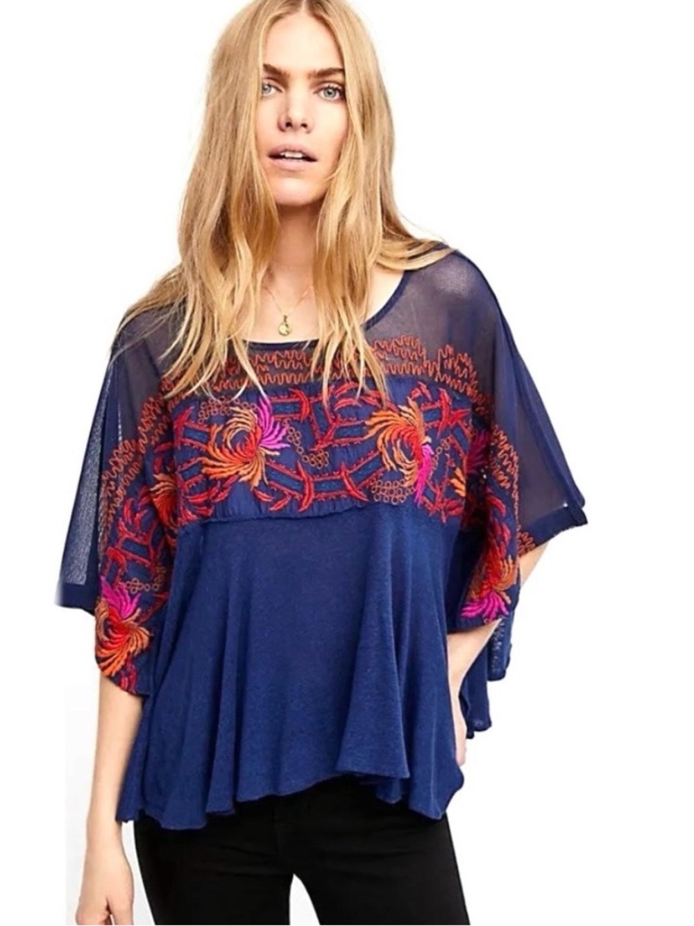 Free People Love Letter Too Blue Linen Blend Embroidered Kimono Mesh Blouse Top